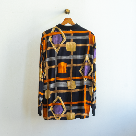 black vintage shirt with pattern in thick seemingly hand painted orange beige grey lines with randomly placed diamonds with brushed purple in them and some randomly placed squares forming beautiful aesthetic abstraction '90s shirt with long sleeves
