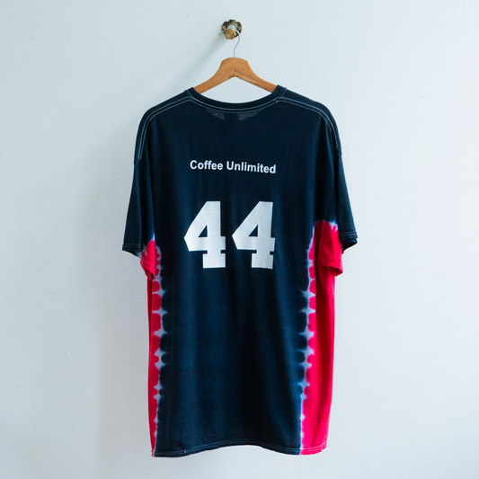tie dye vintage softball and baseball t-shirt in black and red with number 44