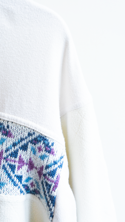 close-up of the sleeve of an 80s White Lotto Outdoor Gorpcore Sportswear Sweater of the geometric pattern in blue, purple and white along the lower front panel