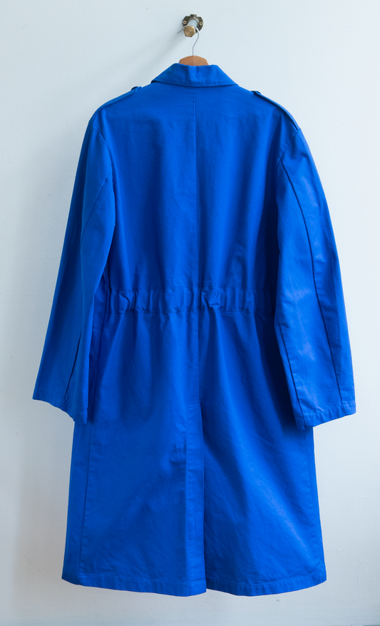 long blue vintage worker coat from the back