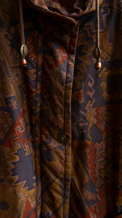 close-up drawstring and buttons brown patterned eighties winter coat Fresh Vintage
