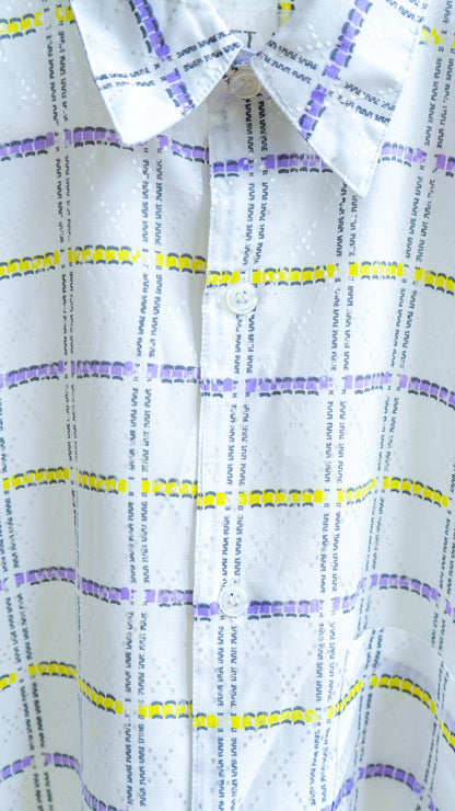 detailed view of white vintage shirt with buttons and squares with purple and yellow lines fresh vintage