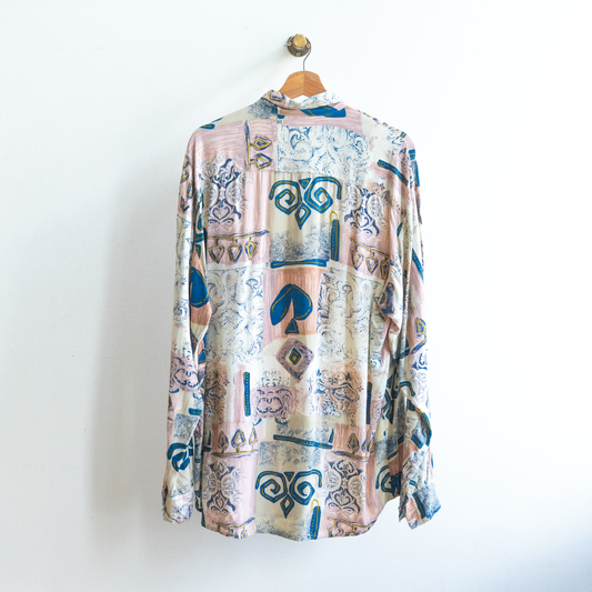 roze abstract vintage hemd van de jaren 90 met beige en blauw achterkant fresh vintage