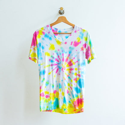 secondhand white t-shirt dyed in blue pink and yellow fresh vintage