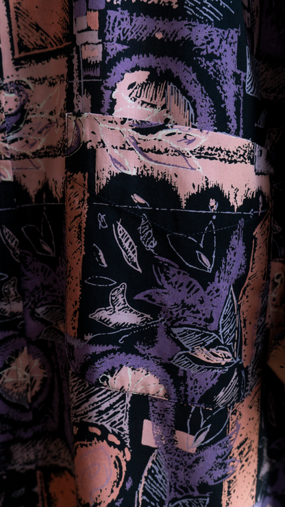 pocket of purple vintage shirt with abstract pattern in purple black and pink