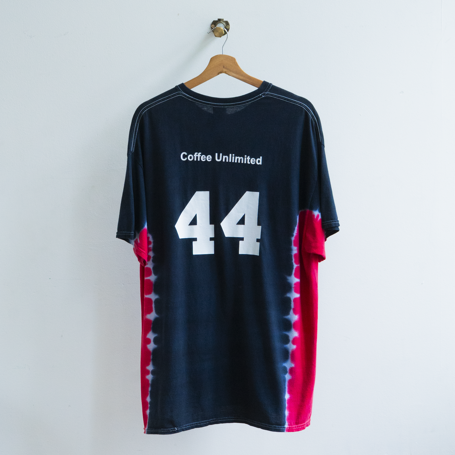 tie dye vintage softball and baseball t-shirt in black and red with number 44