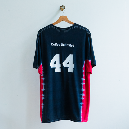 tie dye vintage softball and baseball t-shirt in black and red with number 44