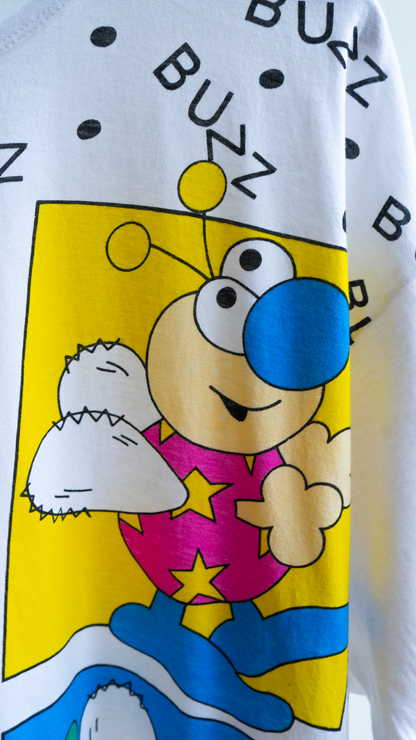 zoom of colorful bee graphic on white  oversized sleep t-shirt 1990s Y2K