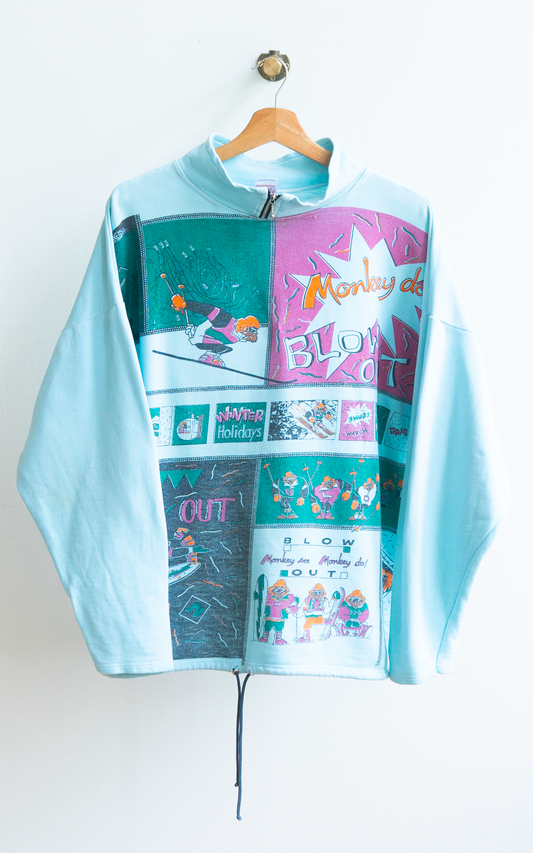 Secondhand Light Blue 80s Sweater comic graphics monkey