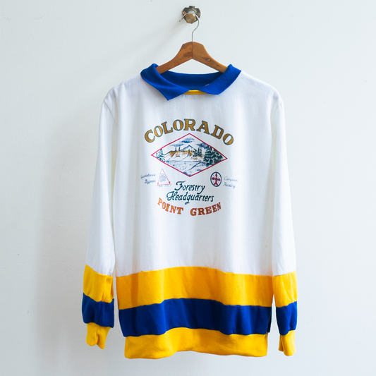 Vintage St. John's Bay Colorado Forestry Headquarters colorblock sweatshirt in white, yellow and blue with a contrasting collar.