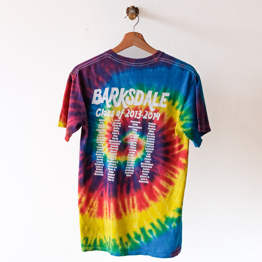 tie-dye-tshirt-surfer-image-barksdale-on-the-back-rainbow-colors-purple-blue-yellow-green-orange-class-of-2013-2014